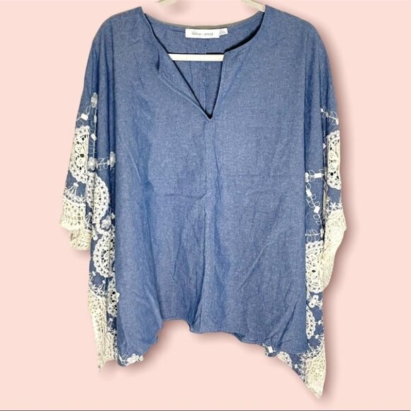 NWT Bishop + Young Scallop Edge Embroidered Poncho in Chambray - Picture 1 of 9